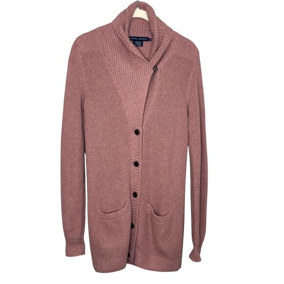 Ralph Lauren Sweater Womens Medium Pink Shawl Collar Cardigan Cotton Cashmere - Picture 1 of 8